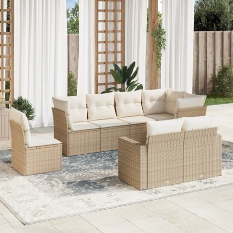 Ensemble Salon Jardin 8 Places Résine Tressée Beige avec Coussins - Canapé d'Angle Modulable