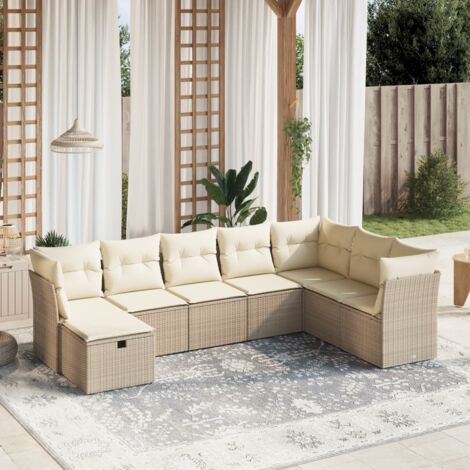 Ensemble Salon Jardin 8 Places Résine Tressée Beige avec Coussins - Canapé d'Angle Modulaire et Pouf