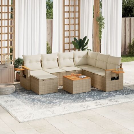 Ensemble Salon Jardin 8 Places Résine Tressée Beige avec Coussins - Canapé d'Extérieur Modulaire avec Rangement et Table