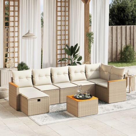Ensemble Salon Jardin 8 Places Résine Tressée Beige avec Coussins - Canapés Modulaires, Table Acacia et Housses Lavables