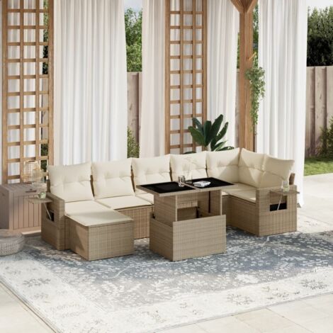 Ensemble Salon Jardin 8 Places Résine Tressée Beige avec Coussins Crème - Canapé d'Angle Modulable et Table Réglable