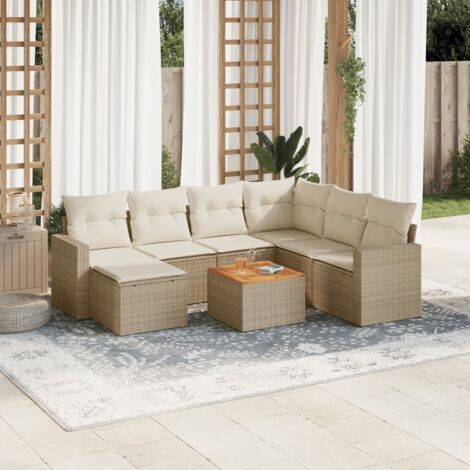 Ensemble Salon Jardin 8 Places Résine Tressée Beige avec Coussins Crème - Meuble Extérieur Modulaire avec Table Acacia et Rangement