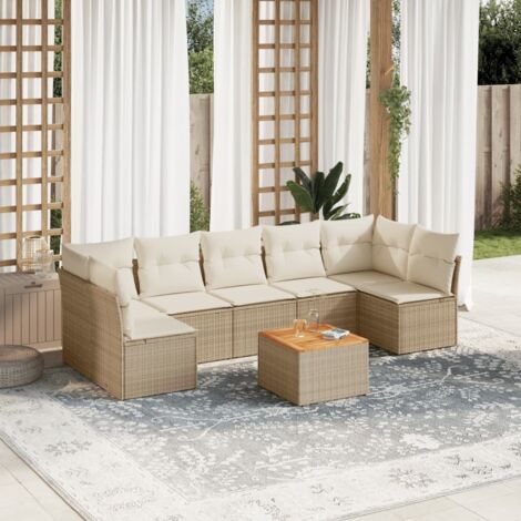 Ensemble Salon Jardin 8 Places Résine Tressée Beige avec Coussins Crème - Meubles Extérieur Modulaires avec Table Acacia et Rangements