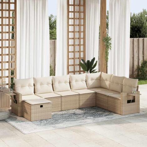 Ensemble Salon Jardin 8 Places Résine Tressée Beige avec Coussins Crème Modulaire Rangement