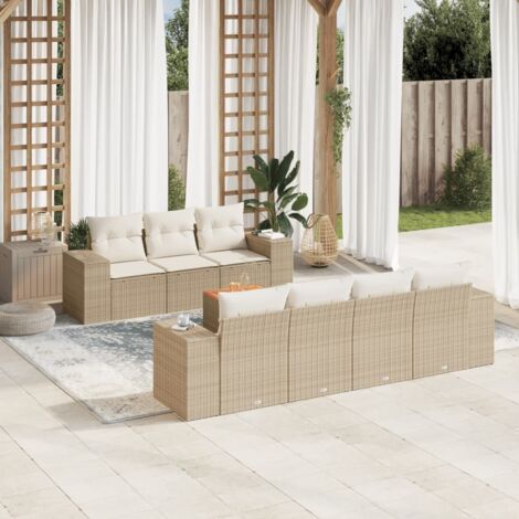 Ensemble Salon Jardin 8 Places Résine Tressée Beige avec Coussins Crème - Stockage Intégré, Table Acacia, Modulaire