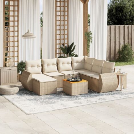 Ensemble Salon Jardin 8 Places Résine Tressée Beige avec Coussins Crème - Table Acacia et Modules Rangement