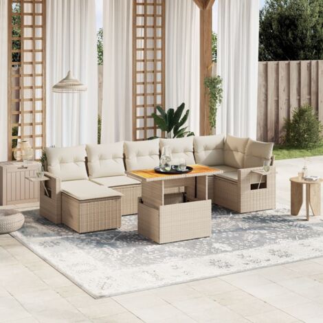 Ensemble Salon Jardin 8 Places Résine Tressée Beige avec Coussins Crème - Table Réglable et Design Modulaire