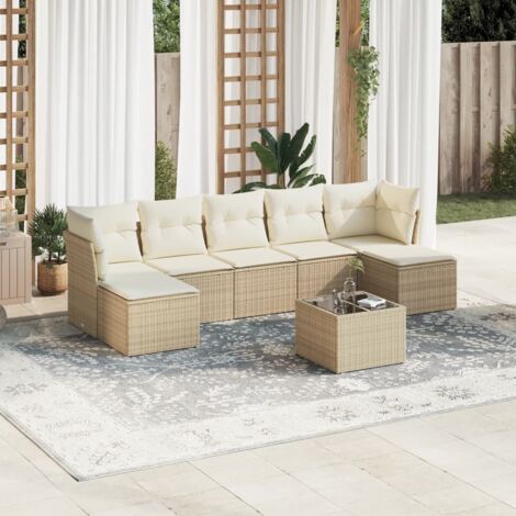 Ensemble Salon Jardin 8 Places Résine Tressée Beige avec Coussins Crème - Table Verre Trempé, Modulaire