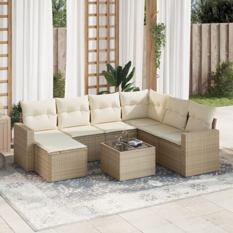 Ensemble Salon Jardin 8 Places Résine Tressée Beige avec Coussins Crème - Table Verre Trempé, Modulaire et Lavable