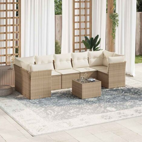 Ensemble Salon Jardin 8 Places Résine Tressée Beige avec Coussins Crème - Table Verre Trempé, Modulaire, Housses Lavables