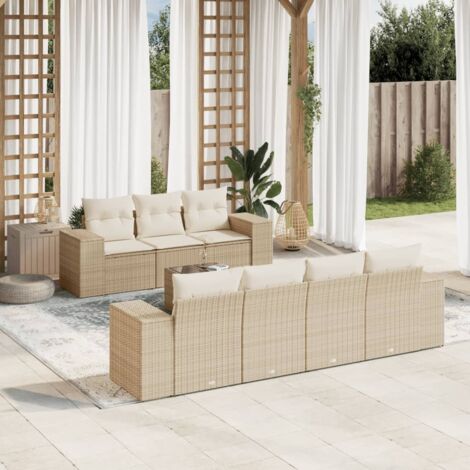 Ensemble Salon Jardin 8 Places Résine Tressée Beige avec Coussins Crème - Table Verre Trempé, Stockage Intégré