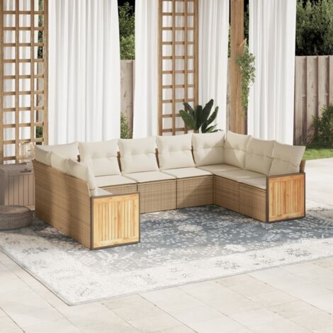 Ensemble Salon Jardin 8 Places Résine Tressée Beige avec Coussins Détachables - Canapé d'Angle, Sièges et Pouf Modulables