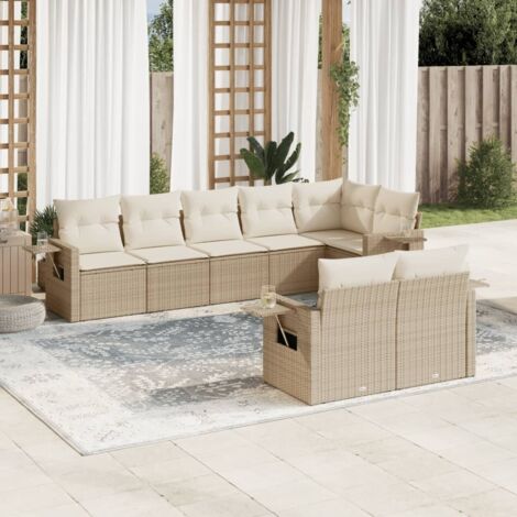 Ensemble salon jardin 8 places résine tressée beige avec coussins et rangement - Canapé d'angle modulaire avec table d'appoint