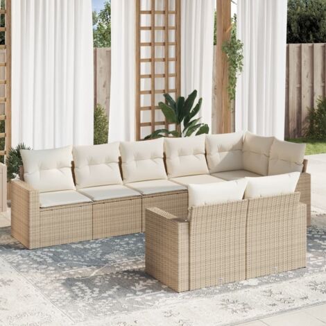Ensemble Salon Jardin 8 Places Résine Tressée Beige avec Coussins et Rangement Modulaire