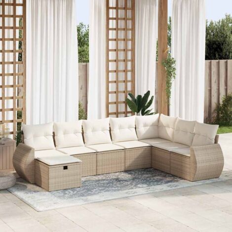 Ensemble Salon Jardin 8 Places Résine Tressée Beige avec Coussins et Rangement Modulaire