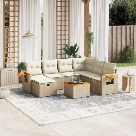 Ensemble Salon Jardin 8 Places Résine Tressée Beige avec Coussins et Table Acacia - Modulaire