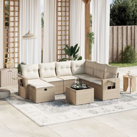 Ensemble Salon Jardin 8 Places Résine Tressée Beige avec Coussins et Table Verre Trempé
