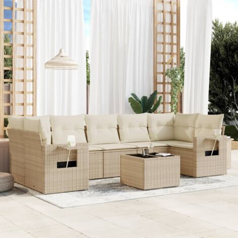 Ensemble salon jardin 8 places résine tressée beige avec coussins et table verre trempé