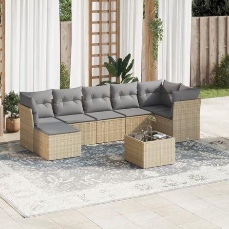 Ensemble Salon Jardin 8 Places Résine Tressée Beige avec Coussins Gris - 3 Sièges Centraux + 3 Sièges Coin + Table Verre Trempé