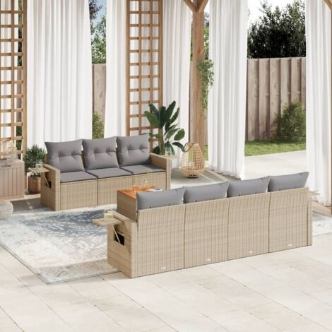 Ensemble Salon Jardin 8 Places Résine Tressée Beige avec Coussins Gris - 7 Sièges + Table Acacia Modulable