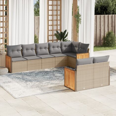 Ensemble Salon Jardin 8 Places Résine Tressée Beige avec Coussins Gris - Canapé d'Angle, Central et Accoudoirs
