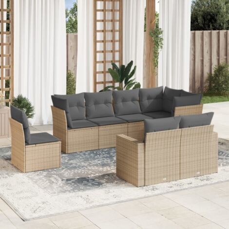 Ensemble Salon Jardin 8 Places Résine Tressée Beige avec Coussins Gris - Canapé d'Angle Modulaire