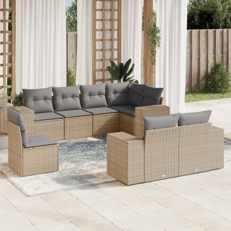 Ensemble Salon Jardin 8 Places Résine Tressée Beige avec Coussins Gris - Canapé d'Angle, Siège Central et Accoudoirs - Mobilier Extérieur Modulaire