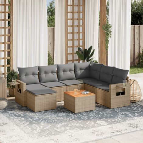 Ensemble Salon Jardin 8 Places Résine Tressée Beige avec Coussins Gris - Canapé d'Angle, Table Acacia et Mobilier Modulaire