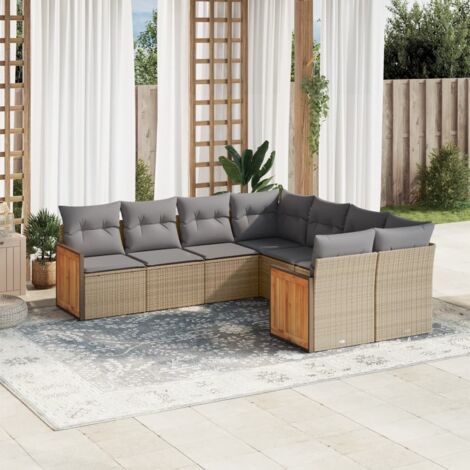 Ensemble Salon Jardin 8 Places Résine Tressée Beige avec Coussins Gris - Mobilier Extérieur Modulaire