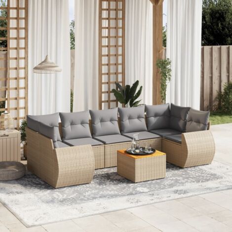 Ensemble Salon Jardin 8 Places Résine Tressée Beige avec Coussins Gris - Mobilier Extérieur Modulaire Table Acacia