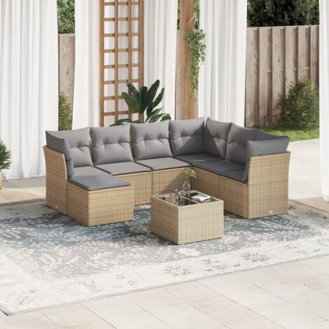 Ensemble Salon Jardin 8 Places Résine Tressée Beige avec Coussins Gris - Mobilier Extérieur Modulaire Verre Trempé