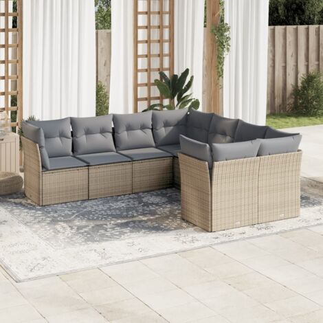 Ensemble Salon Jardin 8 Places Résine Tressée Beige avec Coussins Gris Modulable