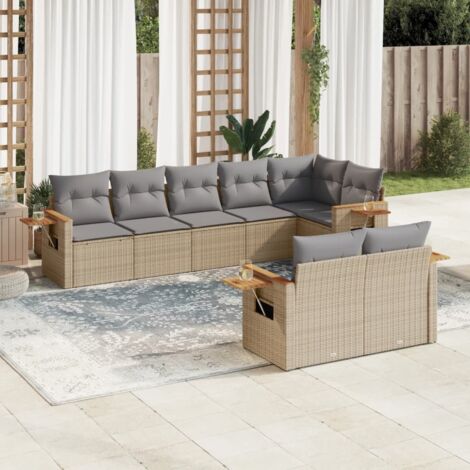 Ensemble Salon Jardin 8 Places Résine Tressée Beige avec Coussins Gris Modulable