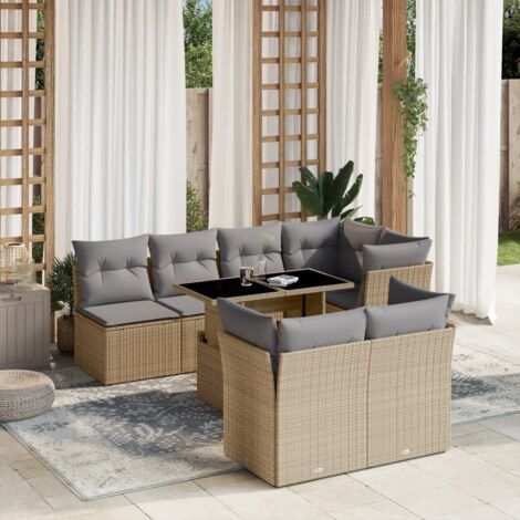 Ensemble Salon Jardin 8 Places Résine Tressée Beige avec Coussins Gris Modulable Table Réglable