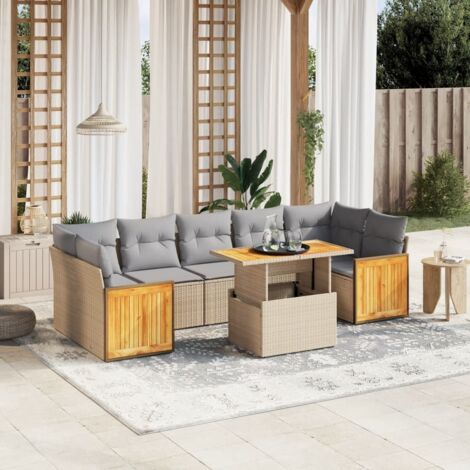 Ensemble Salon Jardin 8 Places Résine Tressée Beige avec Coussins Gris Modulable Table Réglable