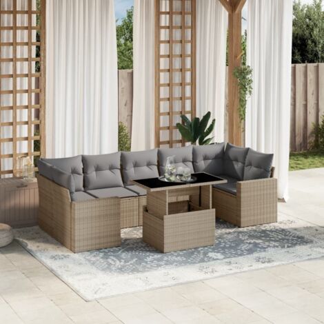 Ensemble Salon Jardin 8 Places Résine Tressée Beige avec Coussins Gris Modulable Table Réglable