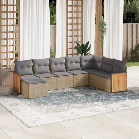 Ensemble Salon Jardin 8 Places Résine Tressée Beige avec Coussins Gris Modulaire