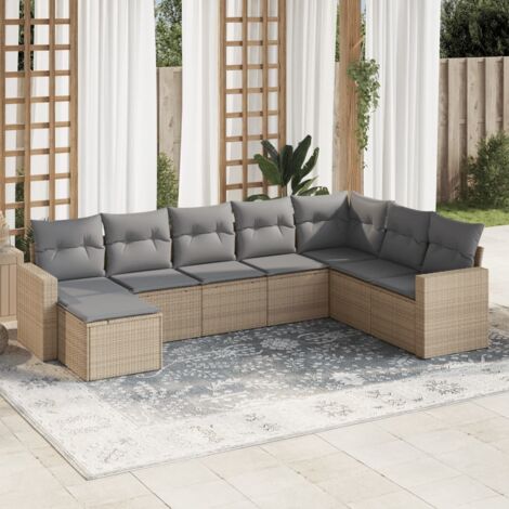 Ensemble Salon Jardin 8 Places Résine Tressée Beige avec Coussins Gris Modulaire