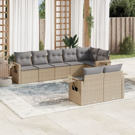 Ensemble Salon Jardin 8 Places Résine Tressée Beige avec Coussins Gris Modulaire