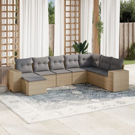 Ensemble Salon Jardin 8 Places Résine Tressée Beige avec Coussins Gris Modulaire