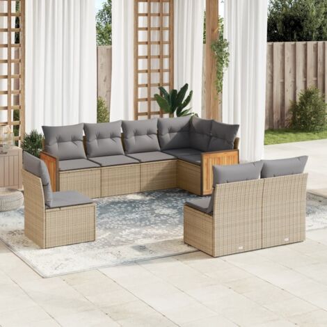 Ensemble Salon Jardin 8 Places Résine Tressée Beige avec Coussins Gris Modulaire Stockage