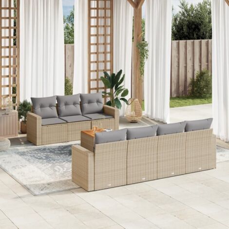 Ensemble Salon Jardin 8 Places Résine Tressée Beige avec Coussins Gris - Table Acacia