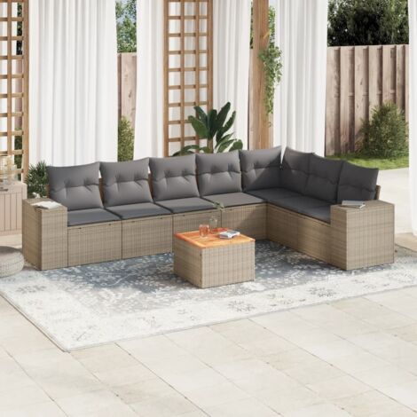 Ensemble Salon Jardin 8 Places Résine Tressée Beige avec Coussins Gris - Table Acacia et Structure Acier