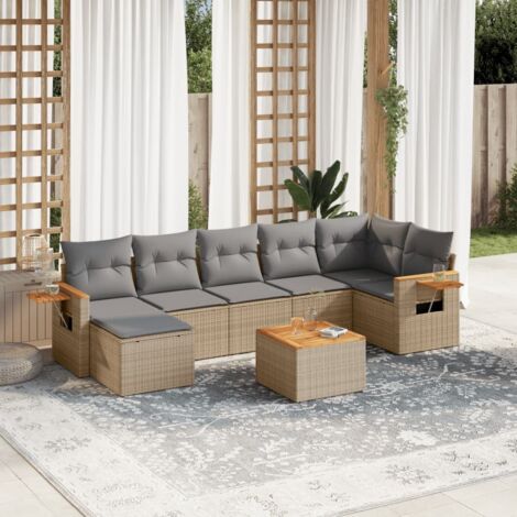 Ensemble Salon Jardin 8 Places Résine Tressée Beige avec Coussins Gris - Table Acacia et Structure Acier