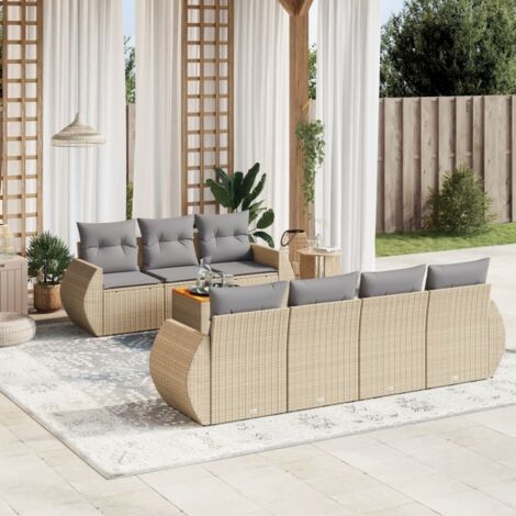 Ensemble Salon Jardin 8 Places Résine Tressée Beige avec Coussins Gris - Table Acacia - Mobilier Extérieur Modulaire