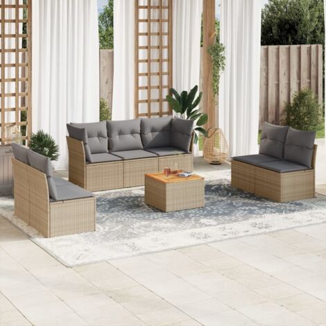 Ensemble Salon Jardin 8 Places Résine Tressée Beige avec Coussins Gris - Table Acacia Modulable