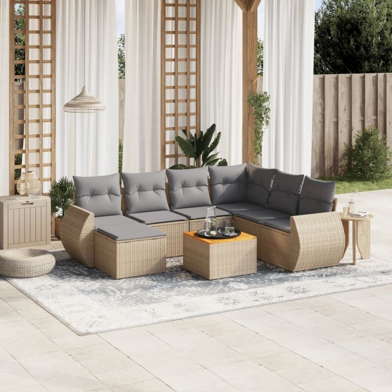 Ensemble Salon Jardin 8 Places Résine Tressée Beige avec Coussins Gris - Table Acacia, Modulaire