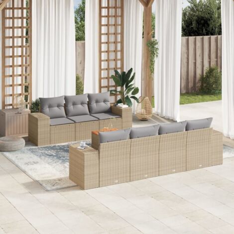 Ensemble Salon Jardin 8 Places Résine Tressée Beige avec Coussins Gris - Table Acacia - Modulaire