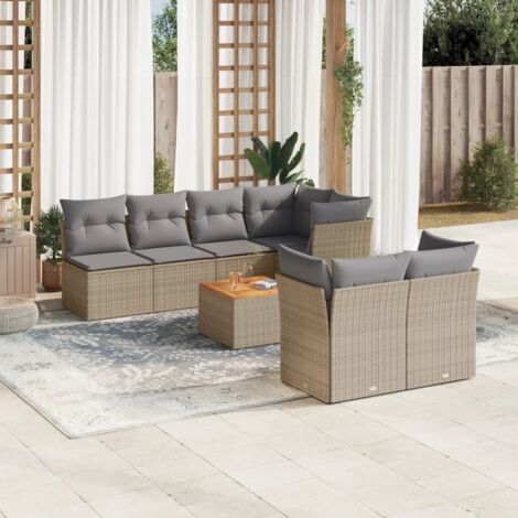 Ensemble Salon Jardin 8 Places Résine Tressée Beige avec Coussins Gris - Table Acacia - Modulaire