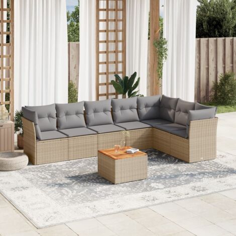 Ensemble Salon Jardin 8 Places Résine Tressée Beige avec Coussins Gris - Table Acacia, Modulaire, Résistant aux UV